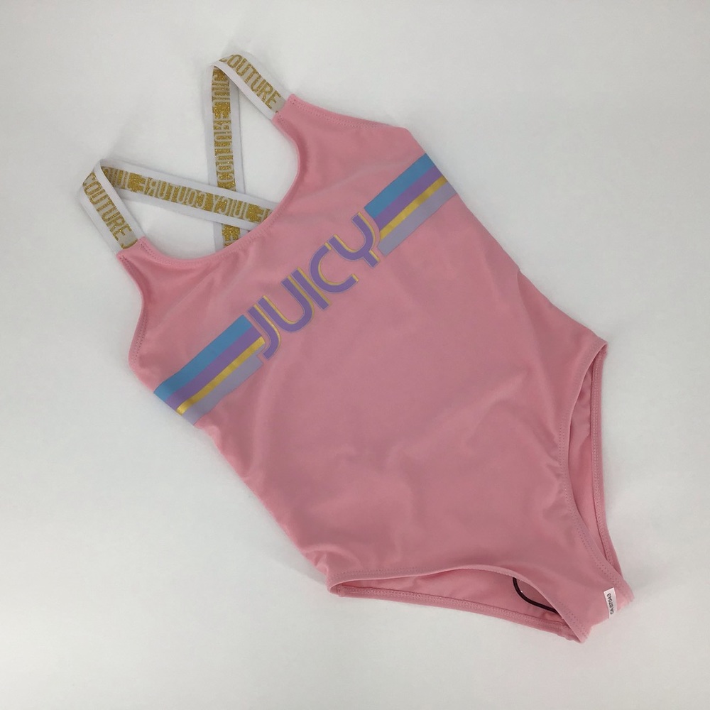 Juicy Couture Girl's NWT Pink One Piece Logo Gold Cross Strap Swimsuit, 14/16